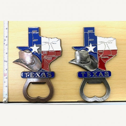 Texas Map & Hat Metal Magnet Bottle Opener