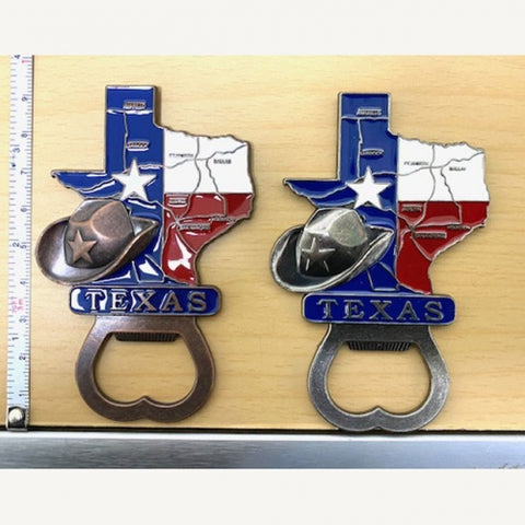 Texas Map & Hat Star Metal Magnet Bottle Opener