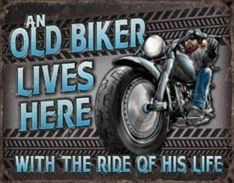 2236 Old Biker Lives Here Tin Sign