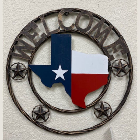 18" Welcome Metal Red White Blue Texas Map in Rope