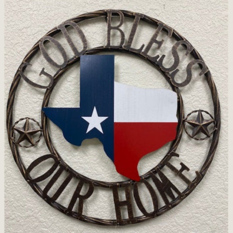 18" God Bless Our Home Metal Red White Blue Texas Map in Rope