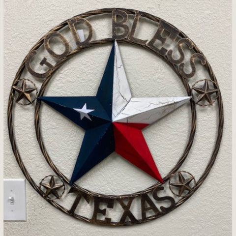 24" God Bless Texas Red White Blue Texas Star In Rope