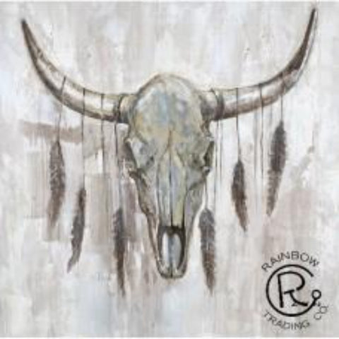 Silver Cow Skull with Feather Canvas