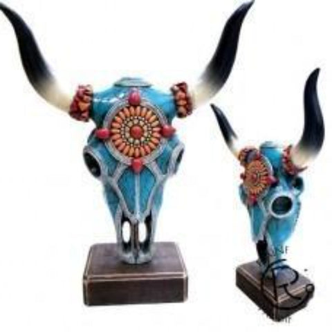 Turquoise Orange Stone Cow Skull with Stand