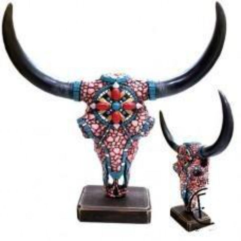 Turquoise Red Stone Cow Skull with Stand