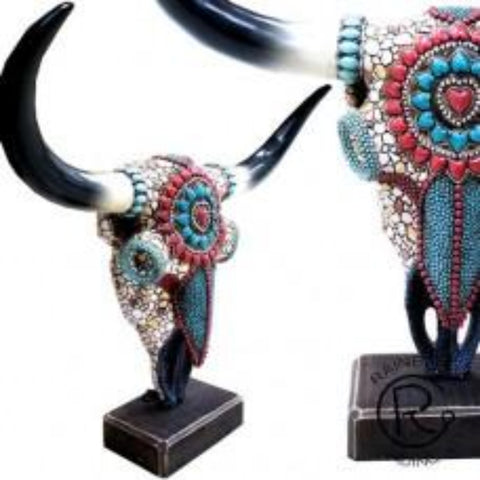Turquoise Stone Cow Skull with Stand