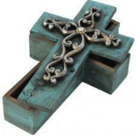 Turquoise Wooden Cross Jewel Box
