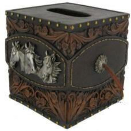 Horse Tooled Leather Tissue Box Cover
