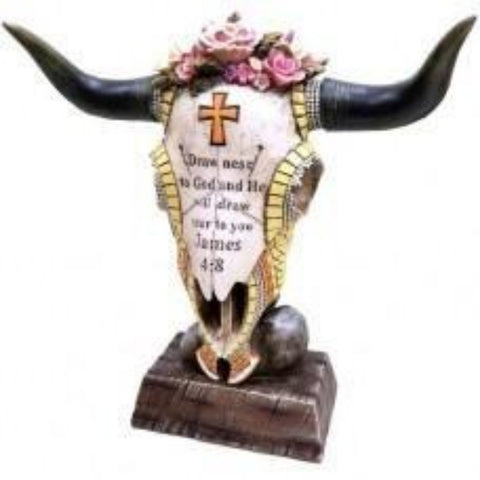 Skull with Flowers Bible Figurine